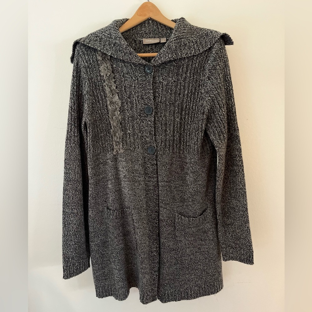 Croft & Burrow Sweater Cardigan Button Front with Fuzzy Detail Gray Size Large